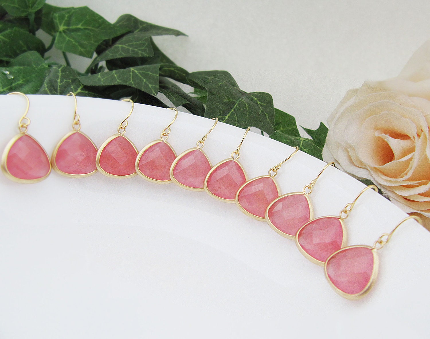 SET of 5 Wedding Jewelry Bridesmaid Jewelry Bridal Earrings Bridesmaid Earrings Baby Pink Agate Matte Gold Trimmed Earrings