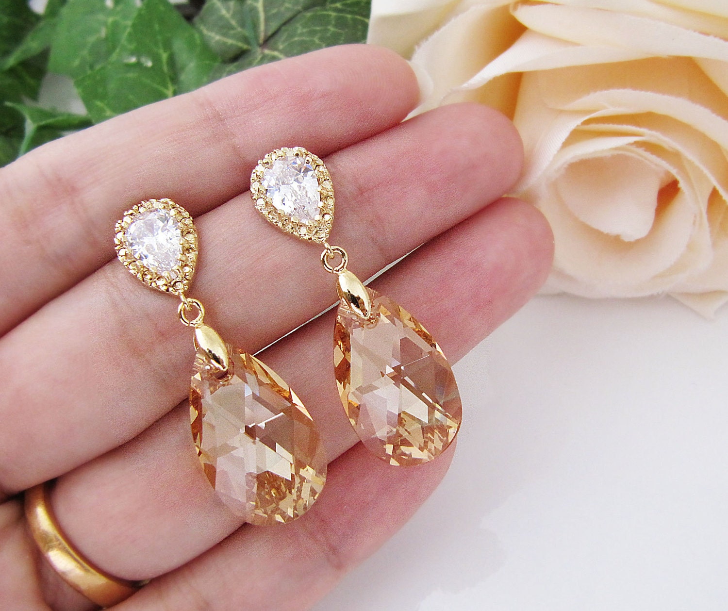 10% OFF SET of 5 Wedding Jewelry Bridesmaid Jewelry Bridesmaid Earrings Cubic zirconia Ear Posts with Golden Shadow Swarovski Crystals