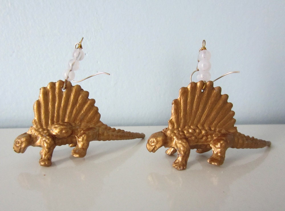 Upcycled Earrings made from Toy Dinosaurs - Gold Dimetrodons with White Glass Beads