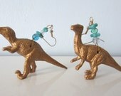 Upcycled Earrings made from Toy Dinosaurs - Gold Raptors with Aqua Glass Beads