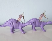 Upcycled Earrings made from Toy Dinosaurs - Purple Stegosaurus with Glass Beads