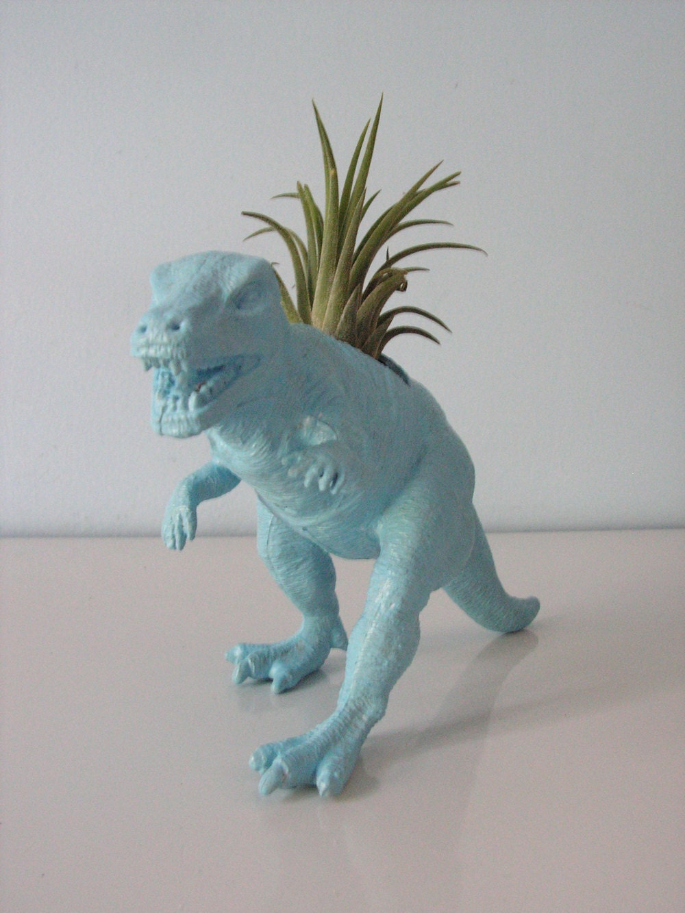 Upcycled Dinosaur Planter - Blue Tyrannosaurus Rex with Tillandsia Air Plant