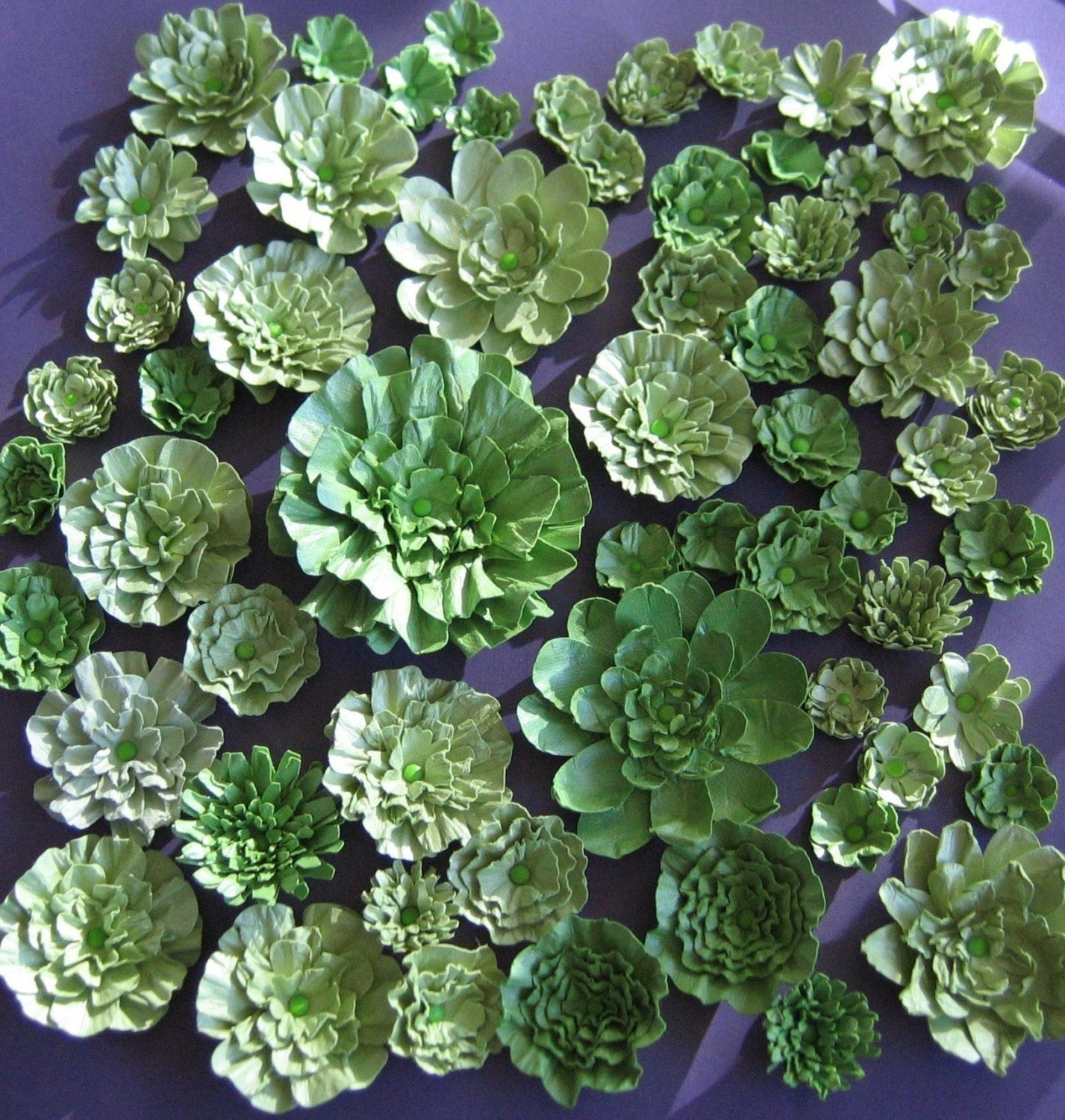 As seen in Brides Magazine Green Paper Succulent Style Flowers-Handmade Open-Flowers- Wedding-Cake topper 60-1 inch to 3 inches