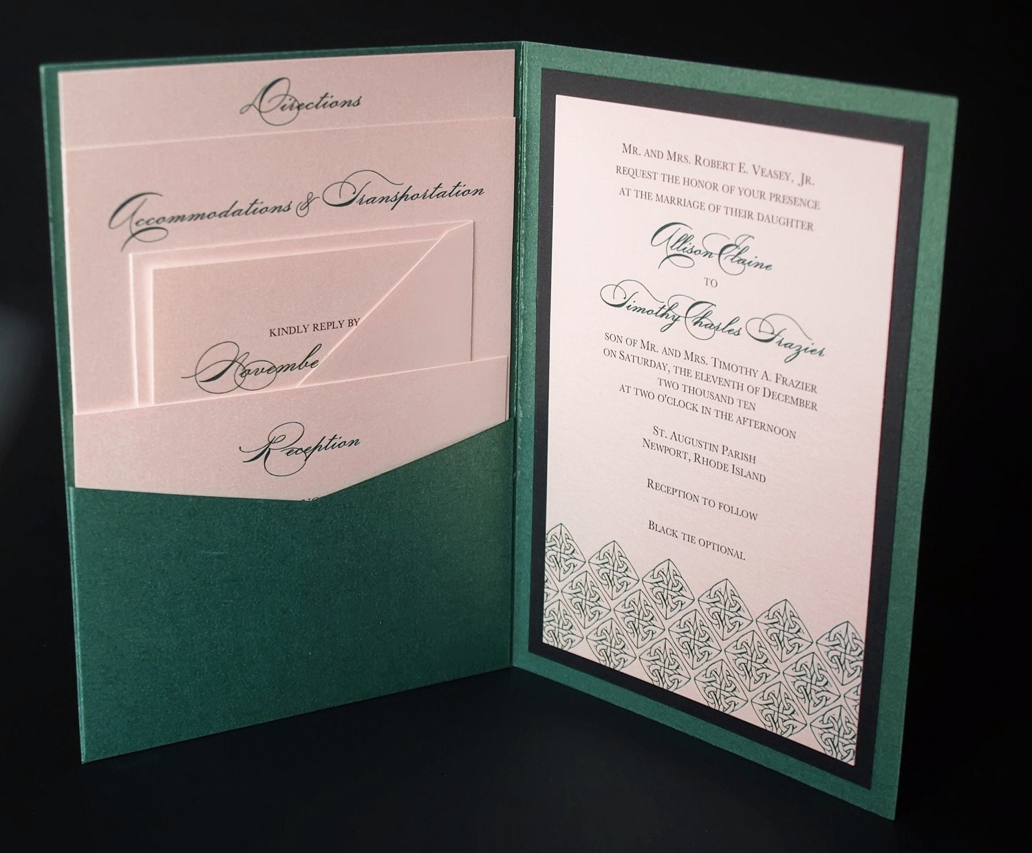 Irish Green Celtic Wedding Invitation - A7 Pocket Folded