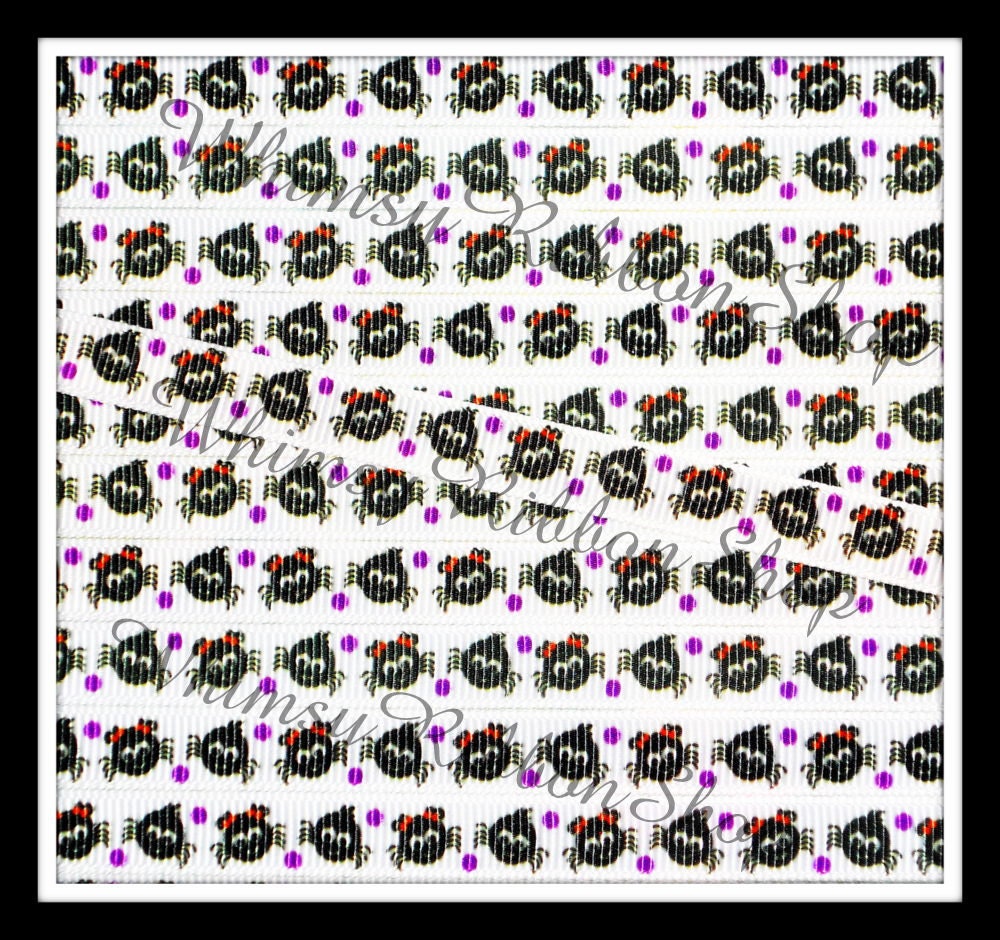 NEW 3 Yards 3/8 HALLOWEEN Black boy girl SPIDERS web orange bows on White Grosgrain Ribbon sewing clips hair bows