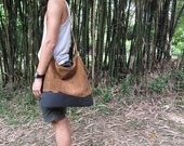 Hand-stitched camel suede leather shoulder bag