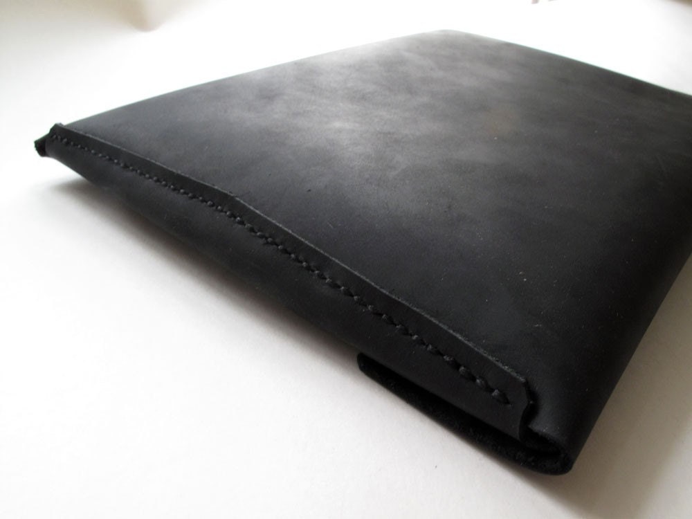 Hand-stitched matte black leather iPad case - featured on front Page of Etsy