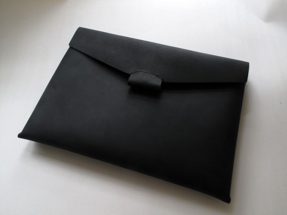 Hand-stitched matte black leather iPad case - featured on front Page of Etsy