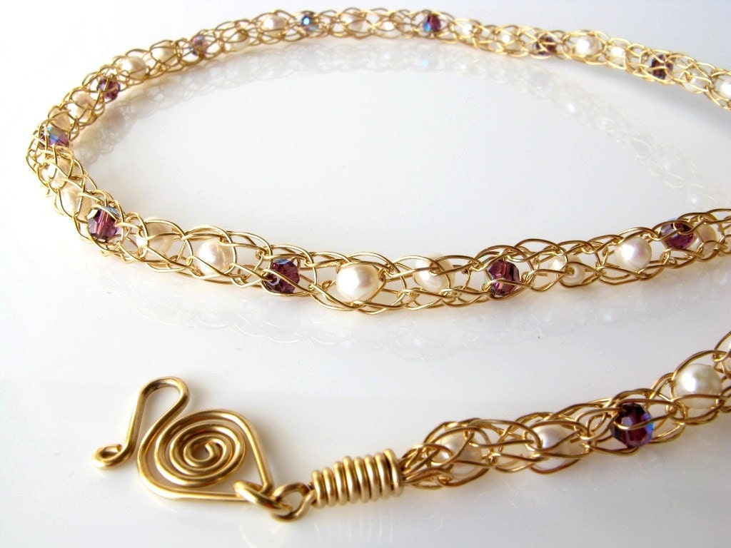 Gold wire crochet bridal necklace pearls amethyst crystals