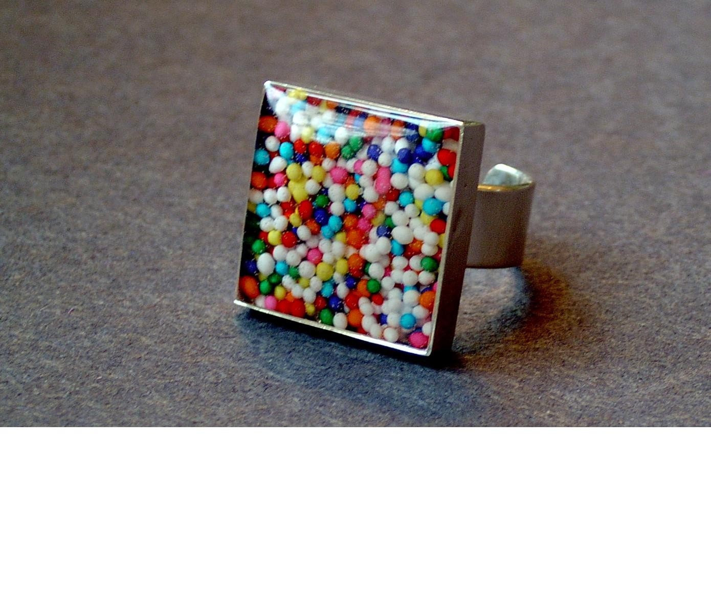Sprinkle Ring in Square Silver Bezel Adjustable