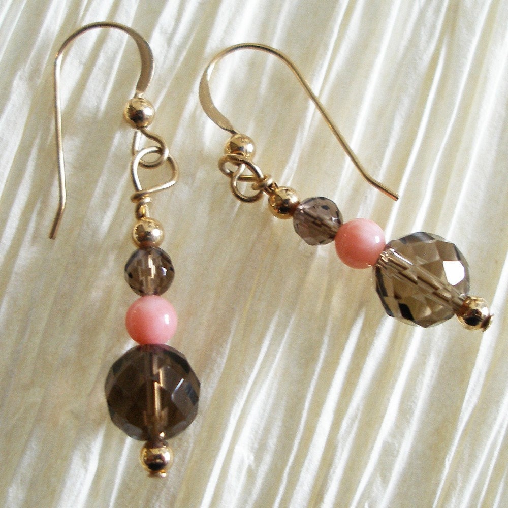 Pink Coral Earrings with Smokey Quartz