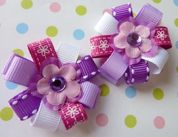 VIOLET - Set of 2 Flower Loop Hair Bow Clips