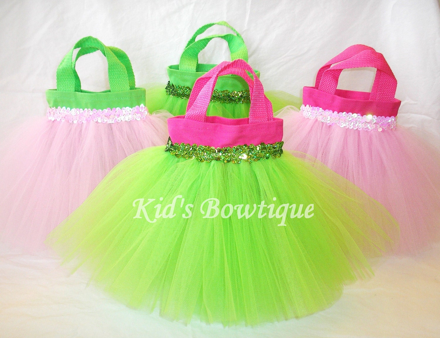Set of 8 Pink and Lime Party Favor Tutu Bags - birthday party decorations