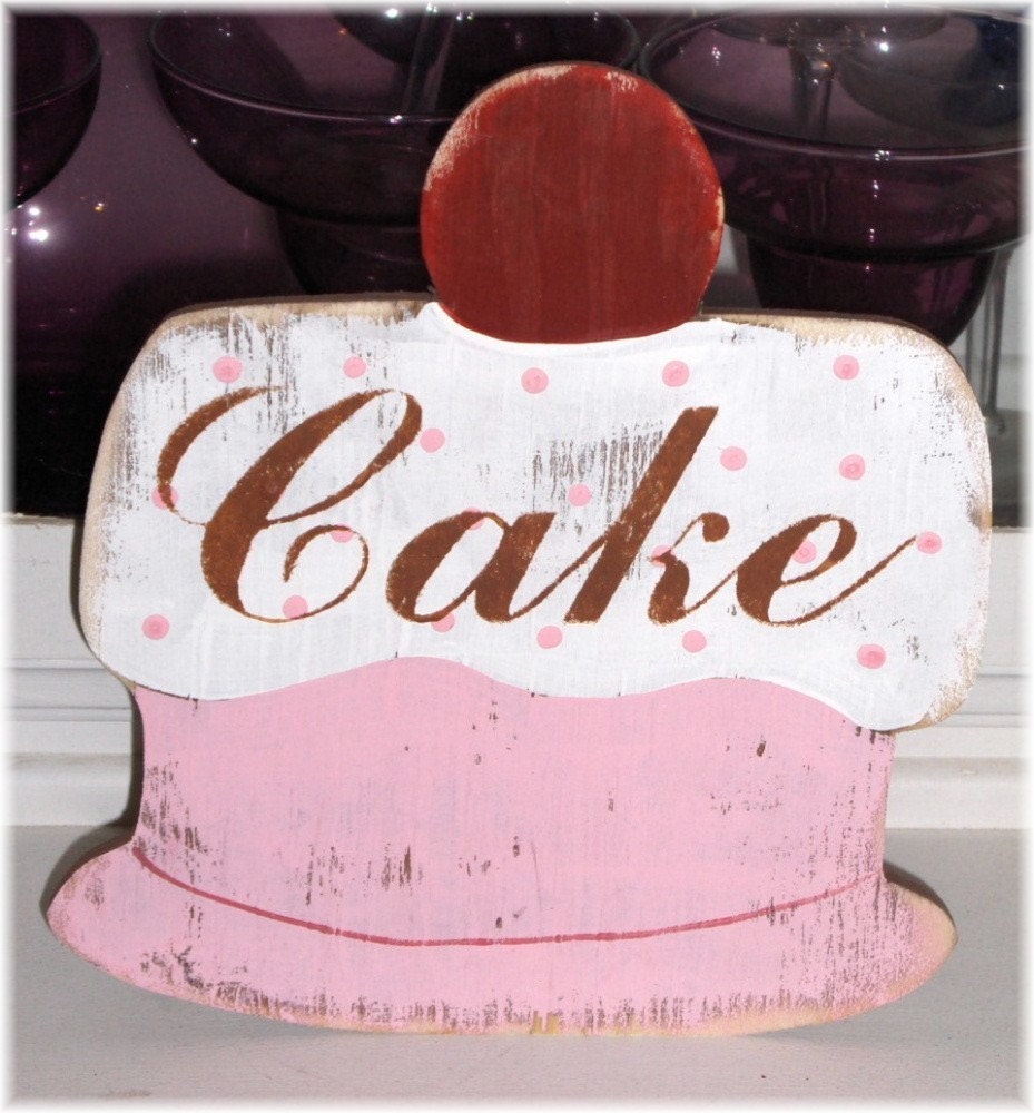 Cake Pink Shabby Cottage Shelf Sitter Wood Sign Custom Bakery Pastry Vintage Inspired