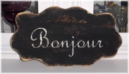 Bonjour Black Large Shabby Cottage Wall Decoration Custom Wood Sign