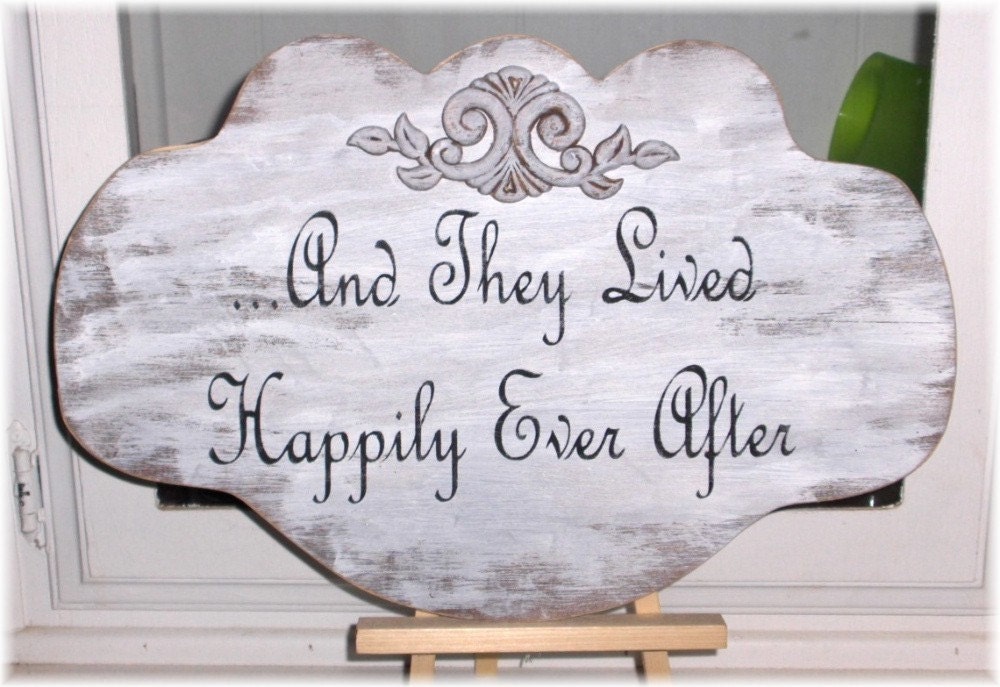 And They Lived Happily Ever After White Shabby Cottage Wedding Anniversary Wood Sign Custom Sign