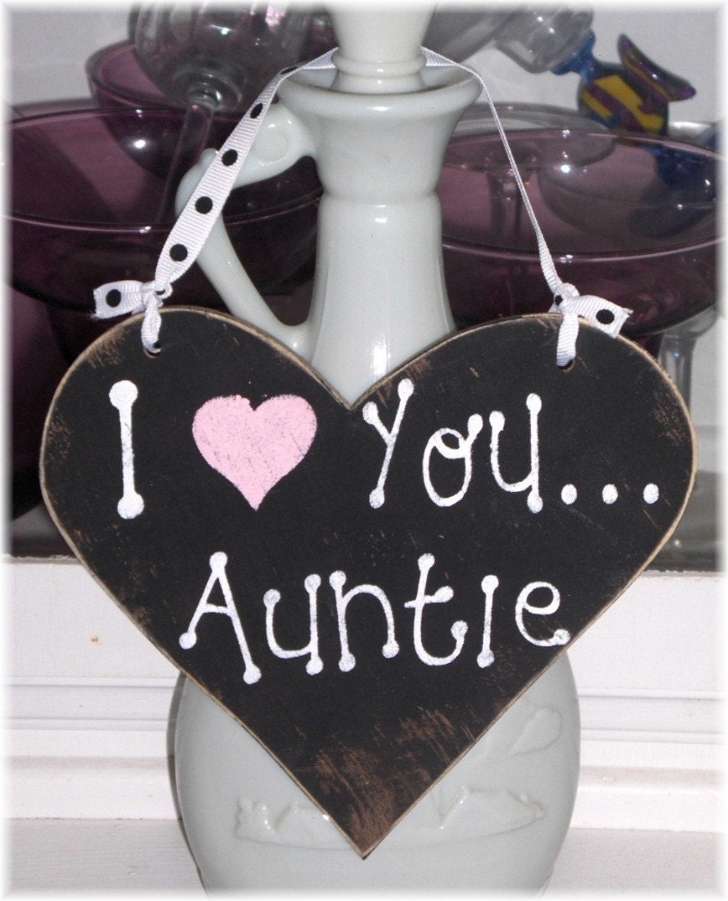 I Love You Auntie Shabby Cottage Chic Black And Pink Wood Heart Sign Custom