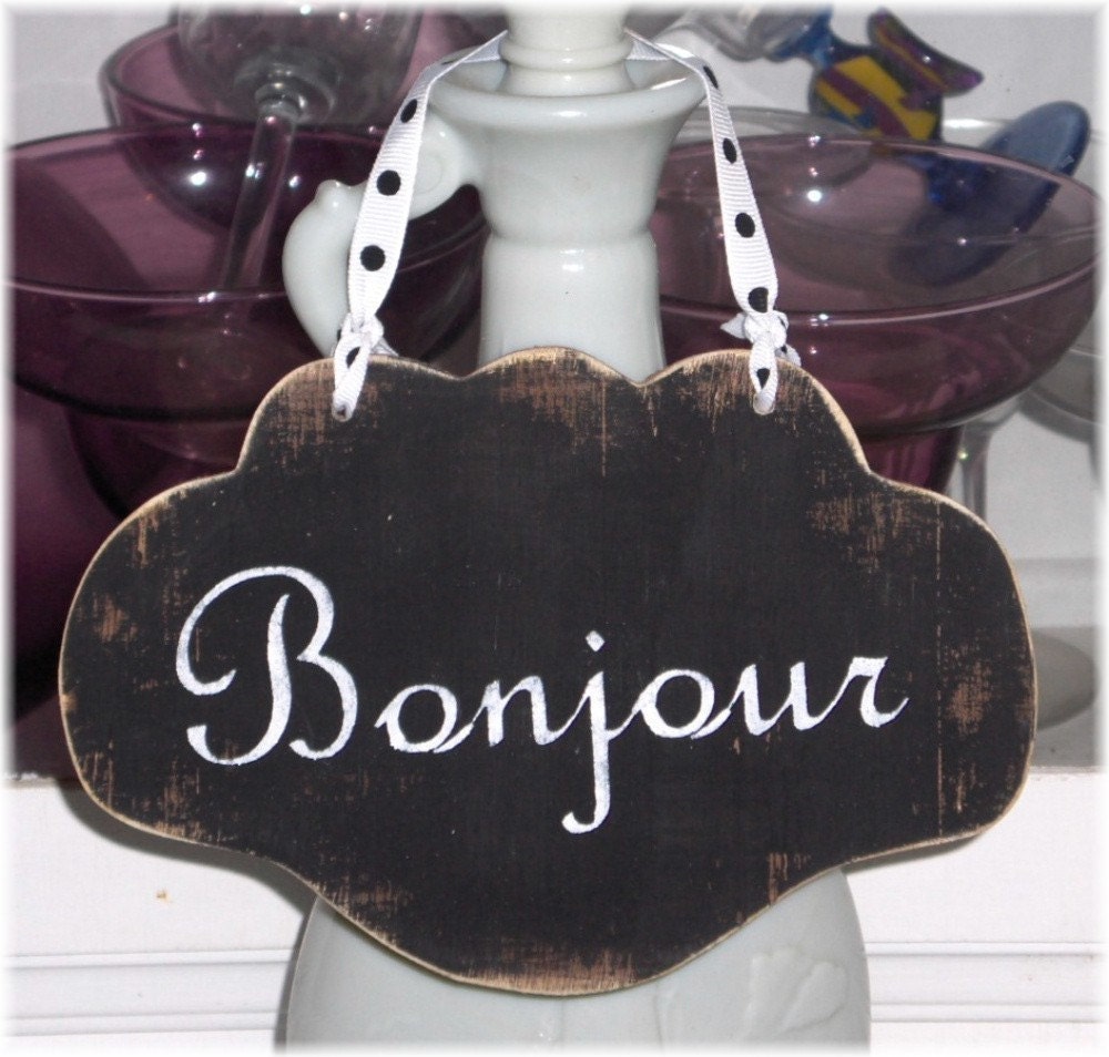 Bonjour Small Shabby Cottage Wall Decoration Black Wood Sign Custom