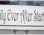 Happily Ever After Starts Here Primitive White Wood Fence Board Sign,Wedding, Romance Custom Sign