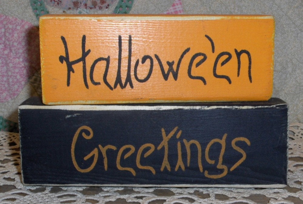 Halloween Wood Blocks Set Of 2 Orange & Black Halloween Greetings Custom Decoration