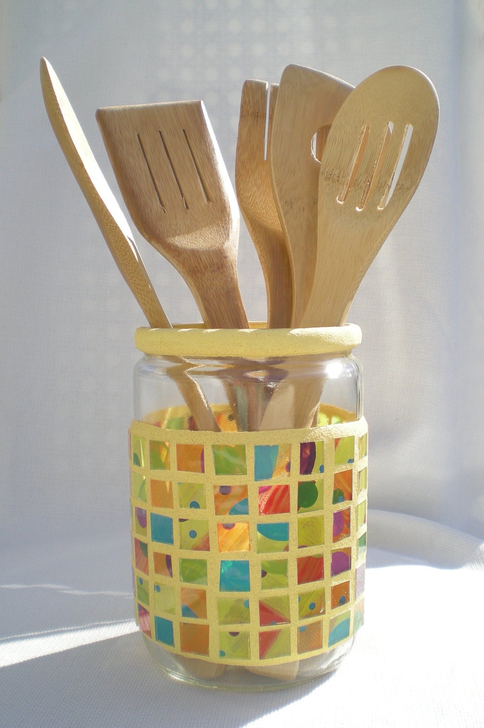Rainbow Golden Yellow Hand Painted Glass Mosaic Tile Vintage Jar Kitchen Canister Holiday Gift