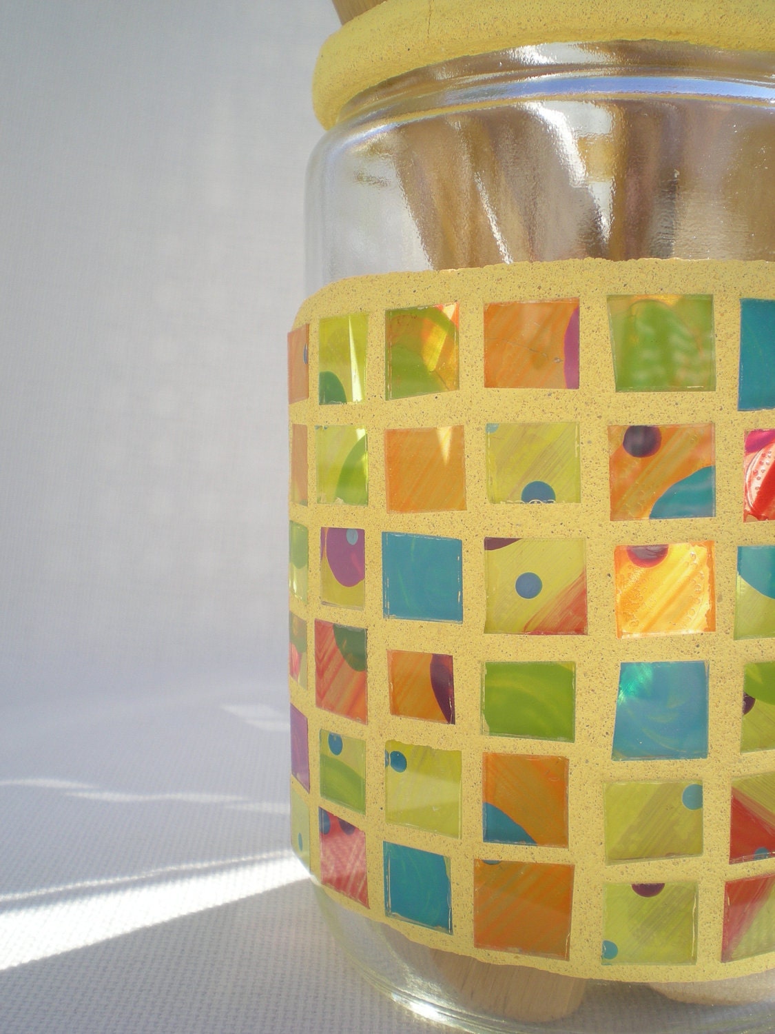 Rainbow Golden Yellow Hand Painted Glass Mosaic Tile Vintage Jar Kitchen Canister Holiday Gift