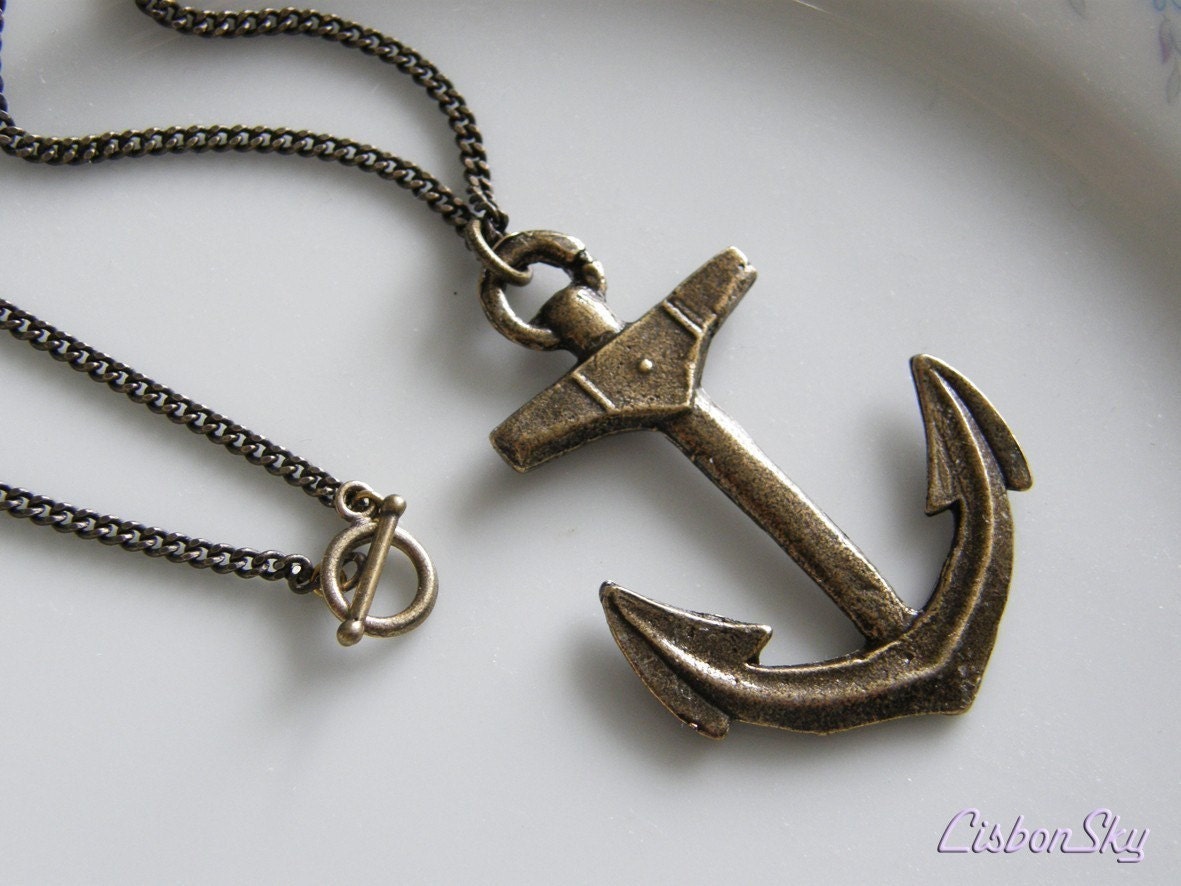Popeye Unisex Antiqued Brass Anchor Necklace