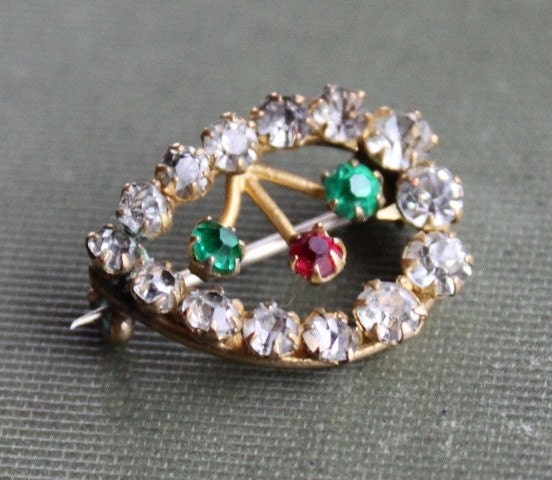 Victorian Paste Tear Drop Brooch - Green, Red and Clear Stones