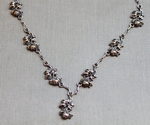Art Nouveau Silver Rose Lavalier Necklace