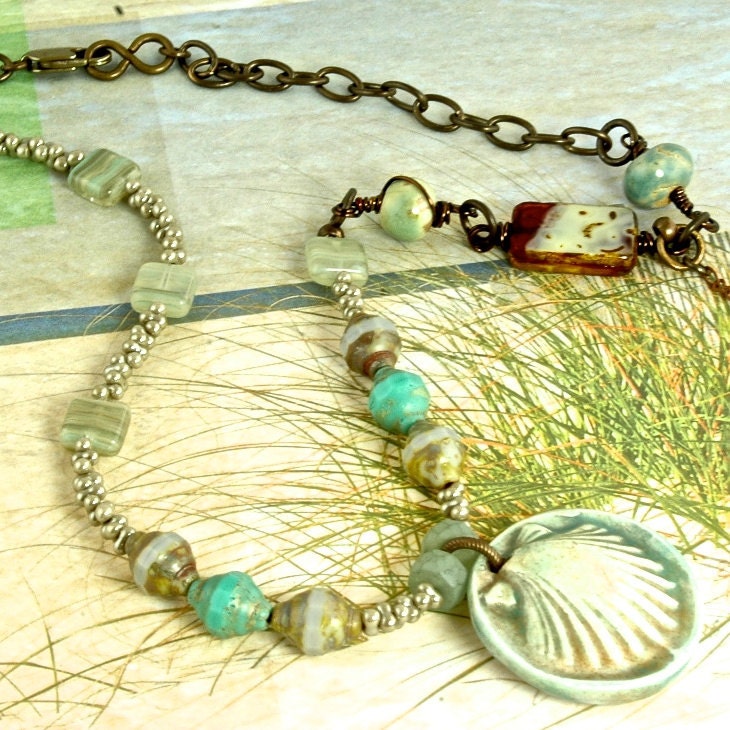 Pistachio Sea Shell, Mint Glass, Vintaj Brass, Artisan Ceramic Necklace