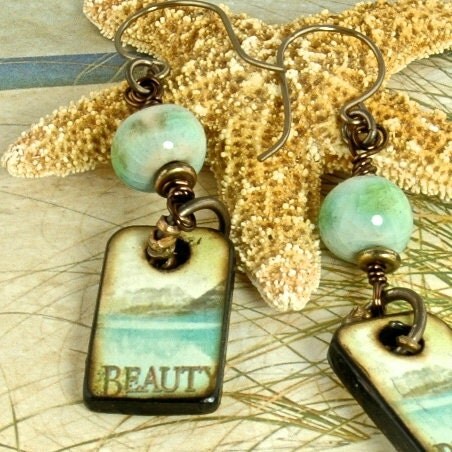 Beauty, Inspirational ART Wood Tile Artisan OOAK Dangle Earrings EBE104