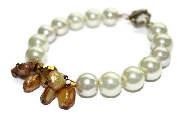 ON SALE - Ivory Pearl Bracelet with Gold Freshwater Pearls and Crystal Rondelle