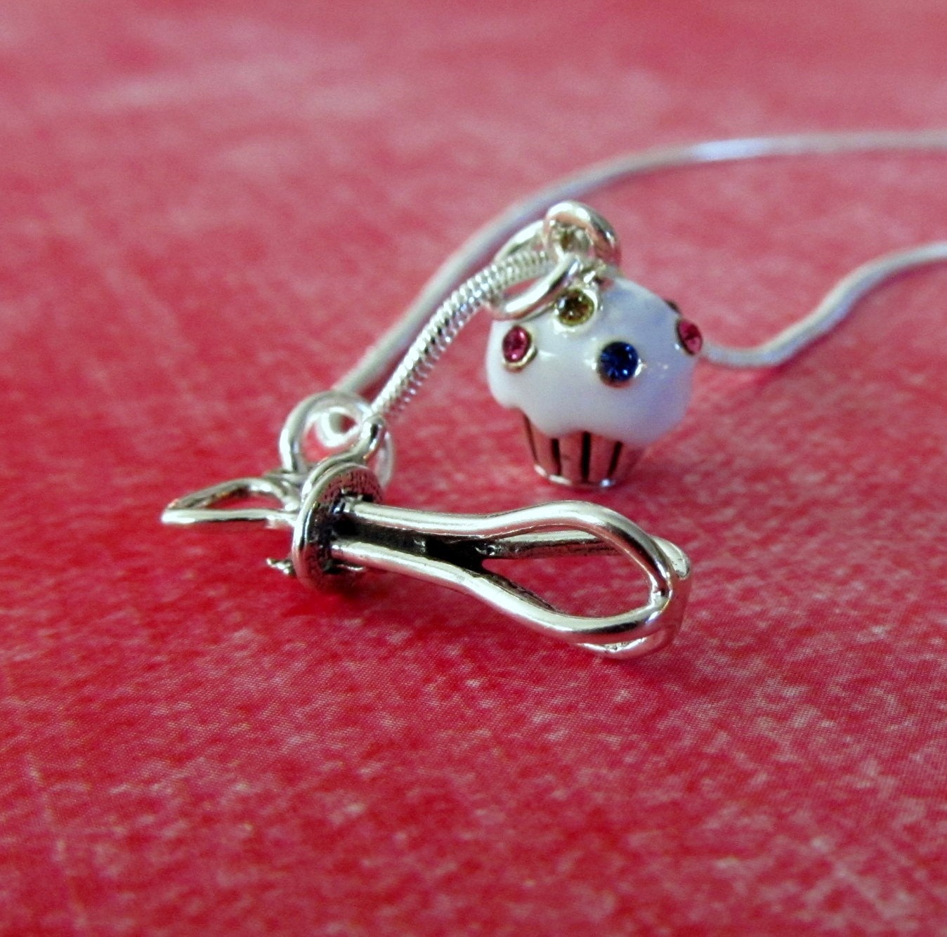 Sterling Silver Whisk and Swarovski Crystal Cupcake Charm Necklace