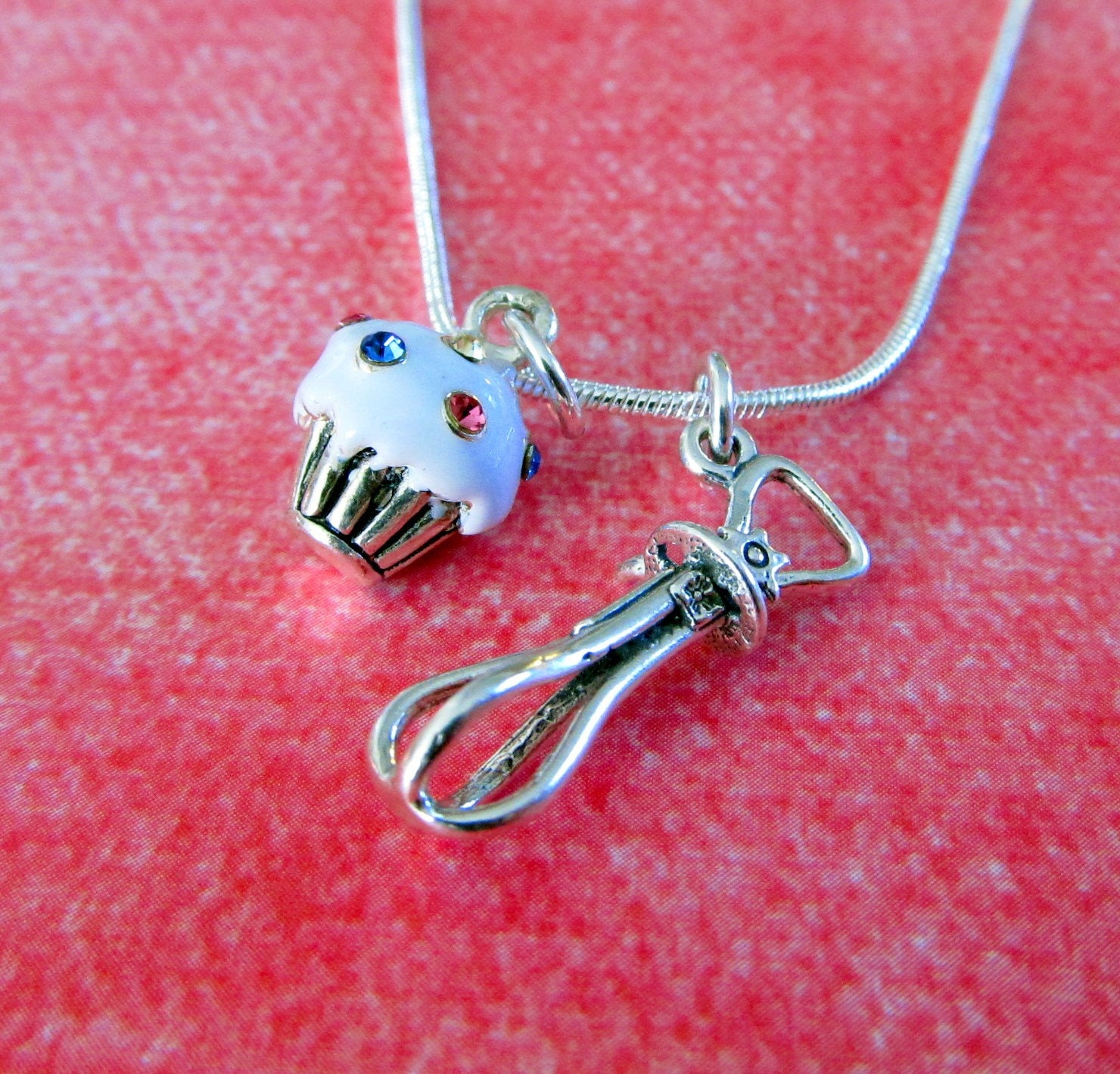 Sterling Silver Whisk and Swarovski Crystal Cupcake Charm Necklace