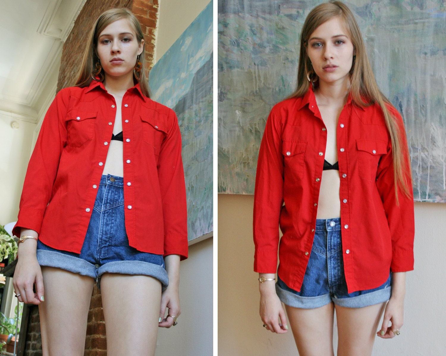 70s Fire Engine Red Button Up Top // Size XS-S