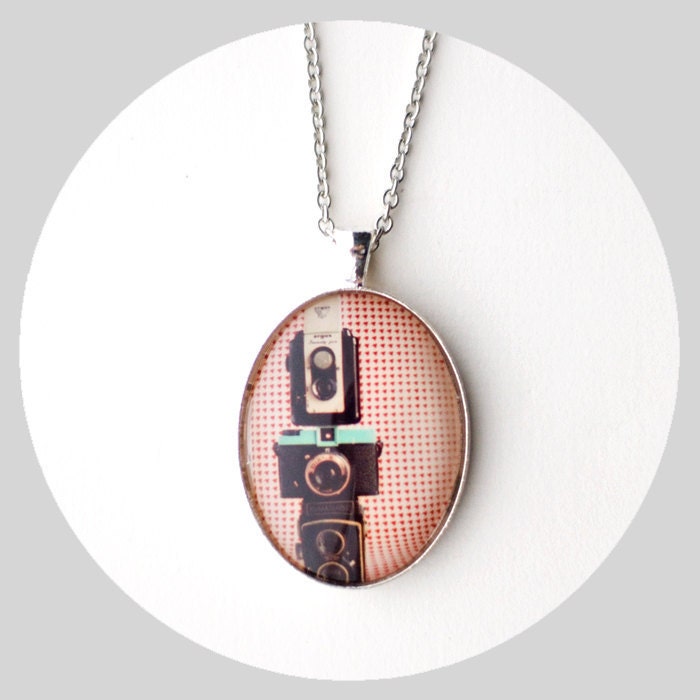 Dapper in Technicolor Photo Pendant--Vintage Cameras Houndstooth Retro Necklace