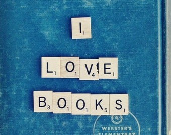 I Love Books, Vol. 2 5x7 Fine Art Print--Vintage Book Scrabble Tile Geek Photography Apartment Home Decor