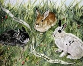 Rabbits Watercolor Reproduction Print- 3 Bunnies-Customizable Ribbon-Realistic-Nursery, Easter Decor