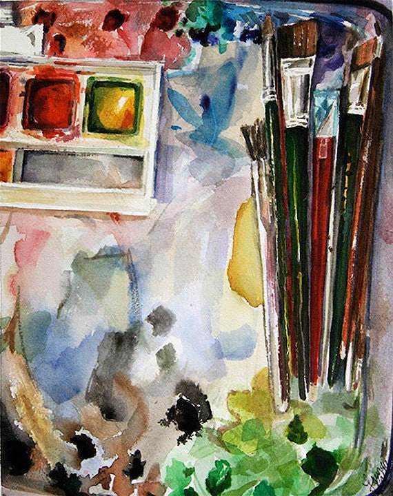 Artists Palette Reproduction-Multicolored Watercolor-Paints and Brushes-Realistic Still Life 5x7
