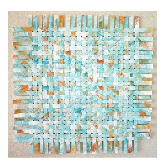 Turquoise Paper Weaving- Tangerine Blue Mint Abstract-Woven Art- Contemporary- Wedding Trend
