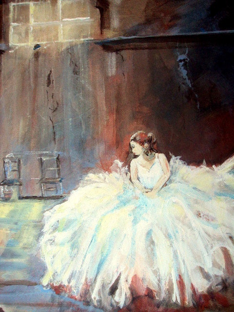 Ballerina at Rest , Art Original Acrylic Painting,in Old Studio Room, window, white dress, woman   I take CREDIT CARDS