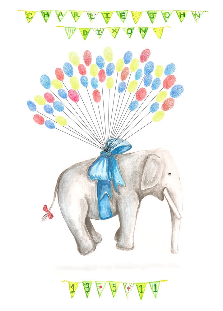 Medium Fingerprint Guest book, Hand Painted Floating Elephant with balloons 3 colours, Custom Order