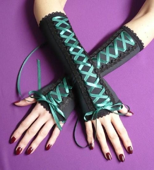 Pirate Bride Armwarmers, Black gloves with Green Ribbon, Laced Up Armwarmers Gothic, Harajuku Style, Corset Sleeves, Cyber, Forest Green