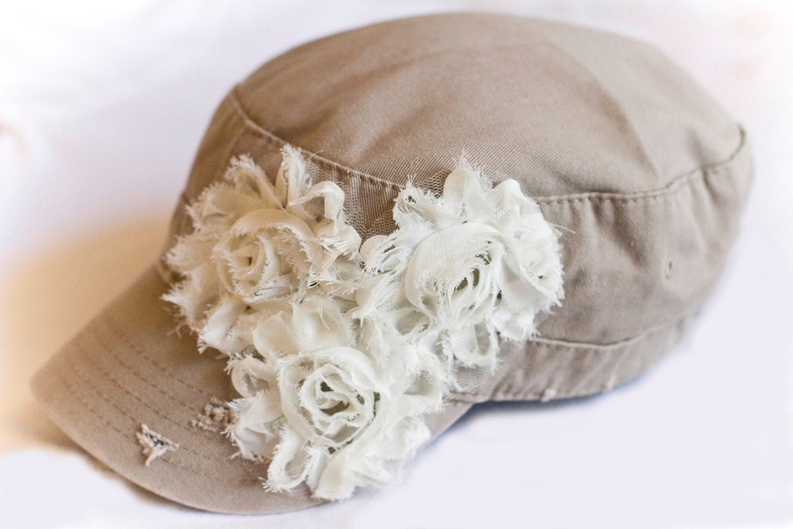 WOMEN'S Tan Distressed Cadet Hat with White Shabby Chic Flowers - jacknmolly