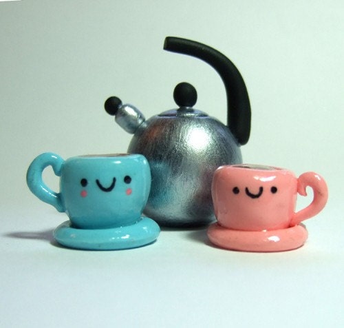 Happy Teacups and Whistling Teapot Kettle Kawaii Cake Topper Figurine Set