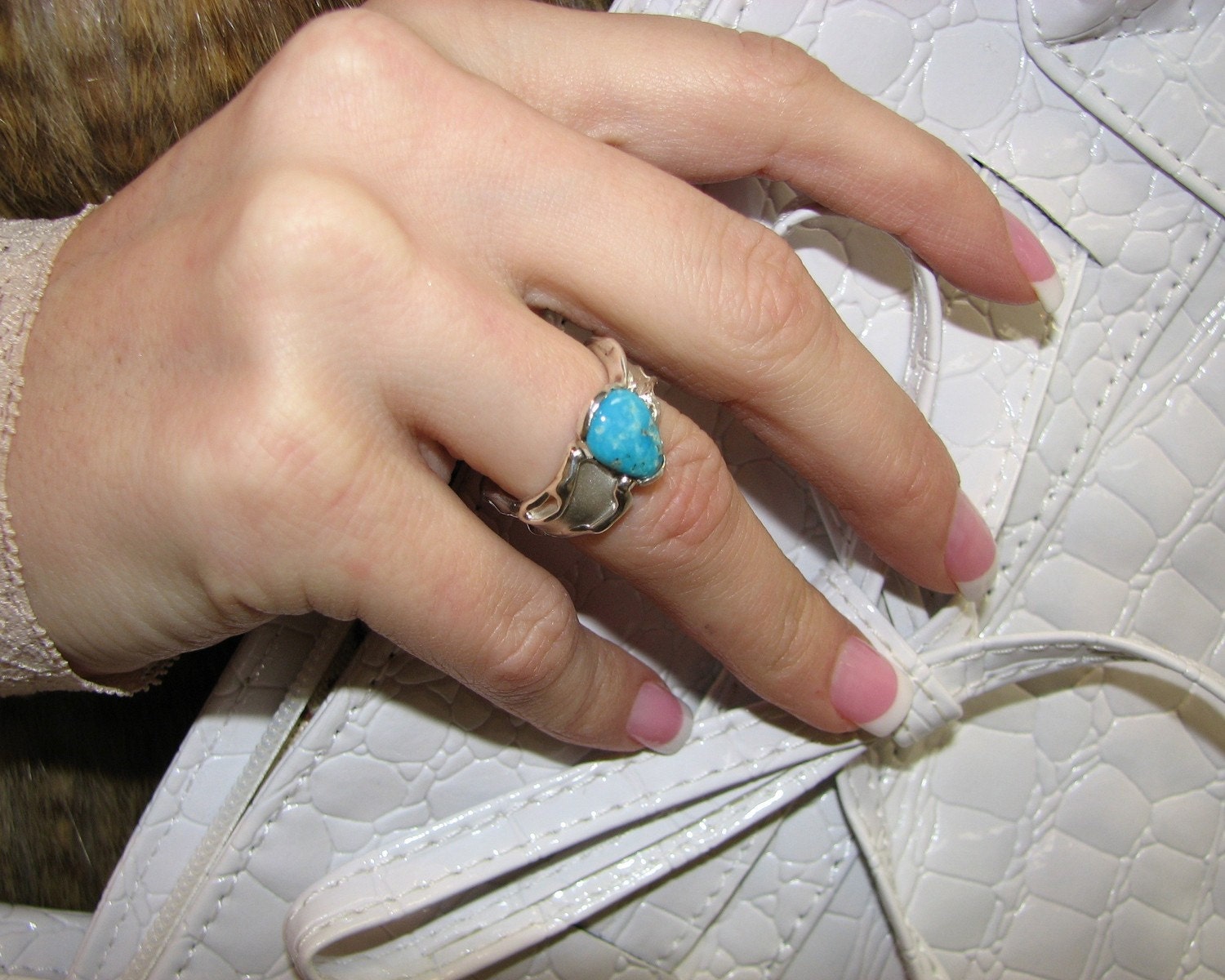 Melted Silver Band, Turquoise and Diamond