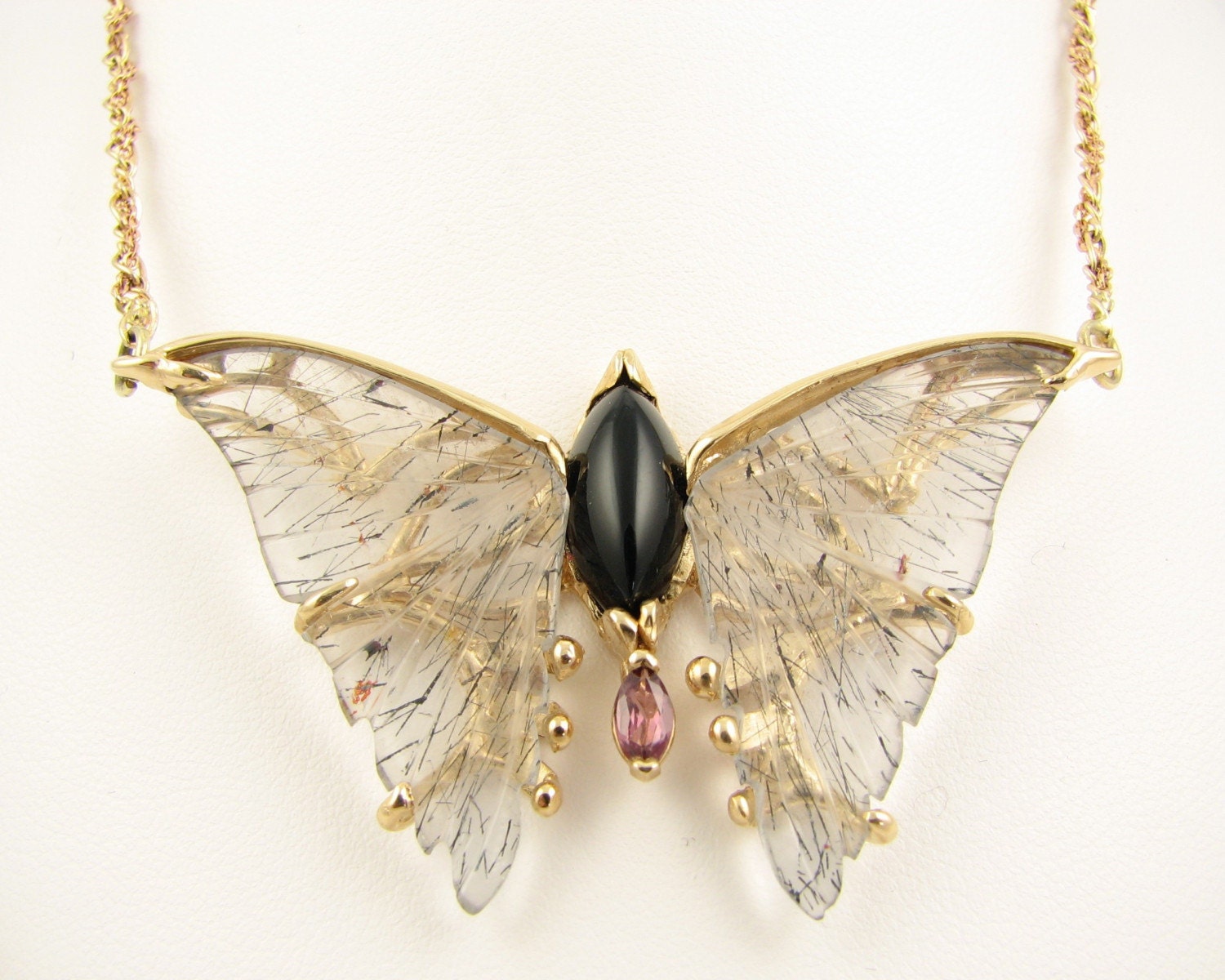 Quartz and Onyx Butterfly Necklace in Gold
