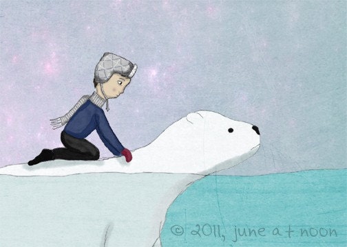 Safe Passage, illustration print, polar bear and boy, ice, snow, iceberg, arctic, adventure