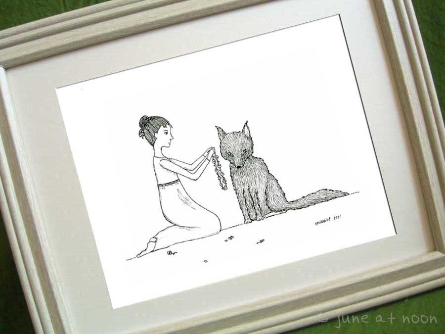 Daisy Ring, illustration print, wolf, flowers, girl, 8x10