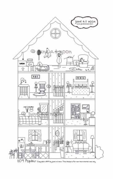 1109 Poplar, Interactive, house cross section embroidery pattern, dollhouse, needlework